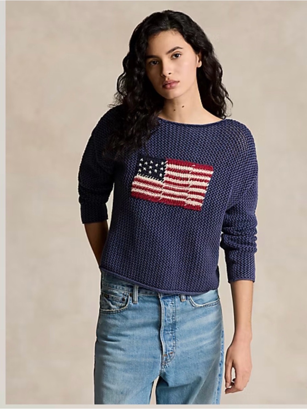 Polo Ralph Lauren Flag Pointelle Cotton Linen Navy Sweater Size Medium